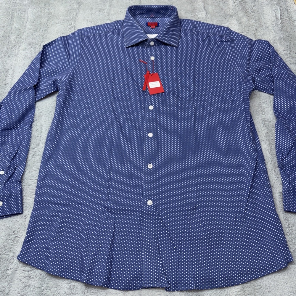 ZNT18 Cadiz Dress Shirt Mens 17.5 34 Blue W/white Polkadots Long Sleeve‎ NWT